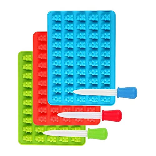 3 x 50 Mulden Gummibärchen-Formen, Süßigkeiten-Silikonformen, Eiswürfelformen, Schokoladenformen, Gelee-Formen mit 3 Bonus-Tropfen (rot, grün, blau) Cover