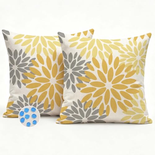 Kiatuniya Funda Cojín 50x50 Amarillo Gris Exterior Impermeable Dalias Rústico Fundas Cojines de Almohada Moderna Decorativos para Jardín Terraza Balcón Patio Sofá Cama Sala Estar Juego de 2