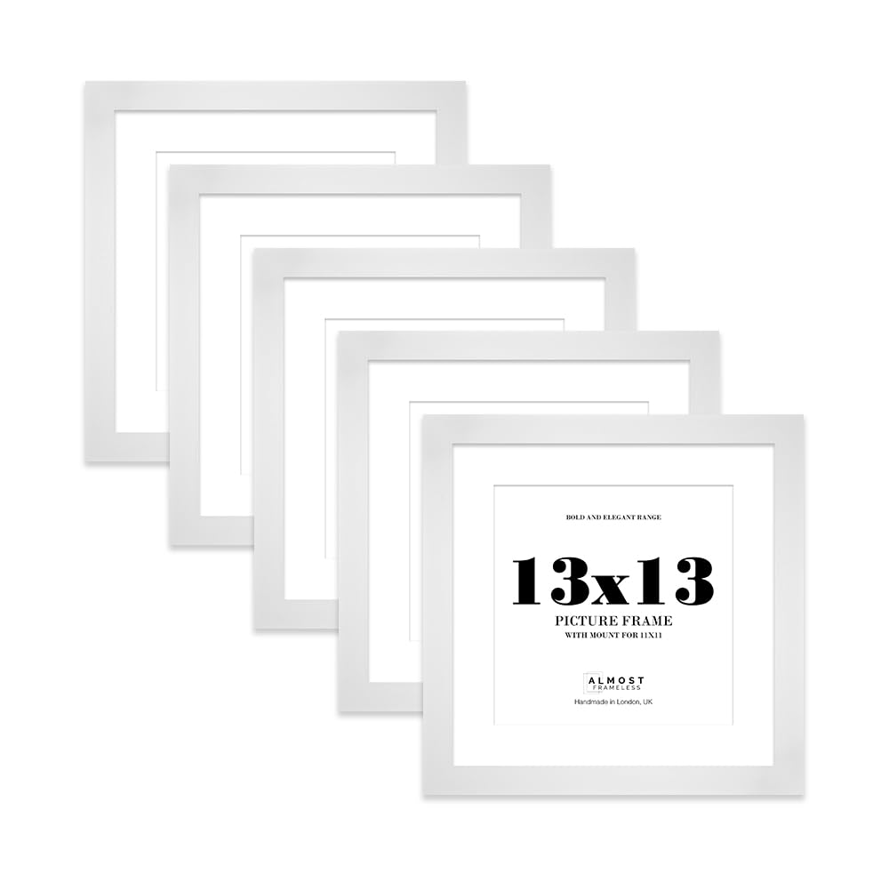 13x13" White Square Frame With Mount for 11x11" Pictures 28mm Edge Frame Display with Wall Hooks, 5 Pack