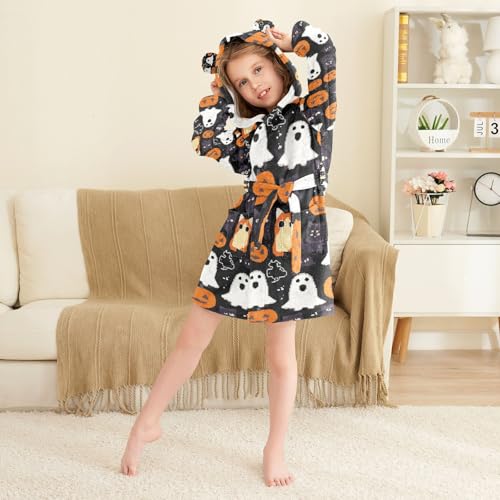Bath Robe Kids Girls Black Background Cat and Owl Halloween Pattern Girls Robe With Hood4