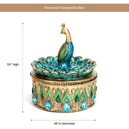 Bits and Pieces Peacock Jewelry Box for Women Small Keepsake Box with Peacock Figurine Lid - Decorative Boxes for Home Decor