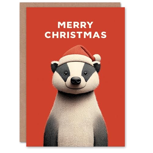 Artery8 Christmas Card Cute Smiling European Badger Wearing Santa Hat