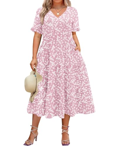 IN'VOLAND Plus Size Dresses for Curvy Women Floral Casual Short Sleeve Dresses Summer Midi Dress with Pockets Pink Flower