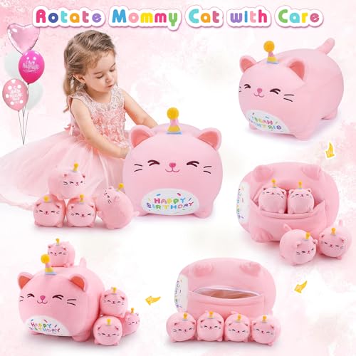 Image of Pink Birthday Cat Plush, 5 PCS Cat Plush Stuffed Animal Family, 16 inch Pink Cat Mommy White Cat with 4 Baby Kittens Cat Plushies,Kawaii Cat Plush Toy Christmas Birthday Gifts for Kids Boys Girls