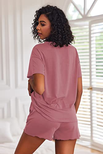 Image of Ekouaer Pajamas Set for Women Short Sleeve Lounge Set 2 Piece Loungewear PJs Soft Cute Lightweight Sleepwear