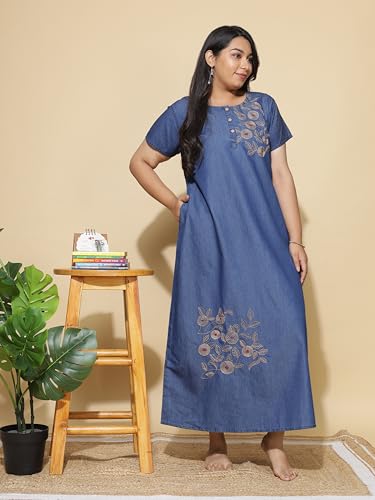Image of 9shines Label Stylish Denim Cotton Nighty Maxi for Women | Full Length Trendy Nightgown | Premium Nightdress | Nightwear | Embroidery Nighty with Pocket (9SDS)
