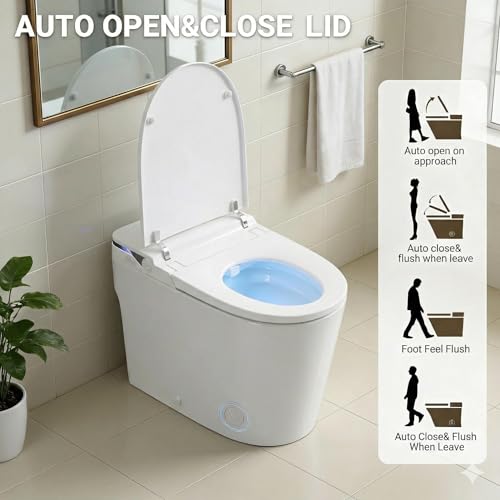 Inodoro Inteligente con Bidé, Sistema de Descarga con Bomba de Tanque, Asiento Calefactable, Lavado con Agua Tibia Instantánea, Sensor de Pie y Descarga Automática, Luz Nocturna LED, Pantalla de Temperatura Blanca, Sin Control Remoto miniatura 4