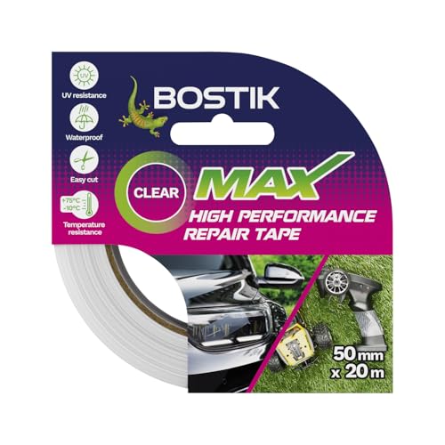 Bostik Max Repair Tape Clear - 50mm x 20m Roll - Ultra Strong Waterproof Duct Tape - Maximum Bond Strength - Heat Water & UV Resistant - Indoor & Outdoor Use