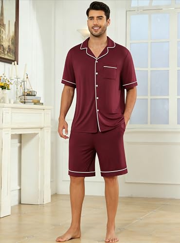 Image of Veseacky Men's Button Down Pajama Set Short Sleeve Shorts Modal Soft Sleepwear Loungewear Pjs with Pockets S-XXL