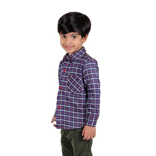 Image of superminis Boy's Cotton Fleece Full Sleeves Check Slim Fit Shirt With Collared Neck Winter Wear