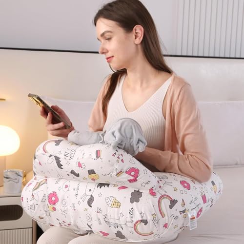 Image of Proliva Feeding Pillow for New Born Baby with Detachable Cover Breast Feeding & Maternity Nursing Pillow for Breastfeeding Support for Baby Feeding Pillow for Mom (White-Unicorn-A2)