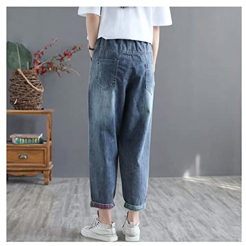 Ccbuy Spring Autumn Women Elastic Waist Cotton Denim Harem Pants Patch Design Vintage Embroidery Loose Casual Jeans (Color : Photo Color, Size : M Code) #TOP2