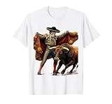 Skeleton Bullfighter vs Charging Bull Mexico Art T-Shirt, Men, White, Small
