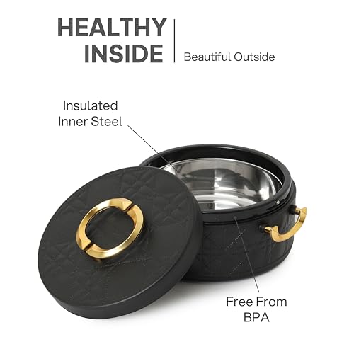 Image of CELLO Ornetto 2500 Insulated Serving Casserole 2500 ml Black | Food Grade, Double Walled, PU Insulated | Hot Pot Case Keeps Food Fresh & Hot for Long Hours | Casserole Set for Roti, Chapati, Rice