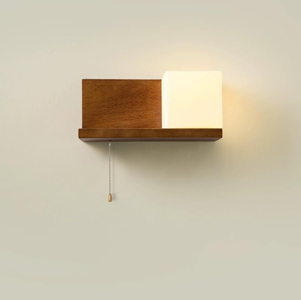 FZQSXAZU Indoor Wood Wall Lamp with Square Glass Lampshade, E27 Socket, Modern Retro Industrial Lighting for Living Room, Corridor, Bedroom, and Hallway