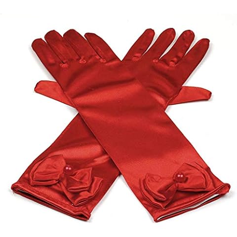 RUNHENG Kids Stretchy Satin Long Finger Dress Gloves (Red)(Size: 29cm) Cover