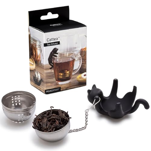 PELEG DESIGN Cattea Infusore per Tè Gatto – Colino da Tè in Acciaio Inox per Tè in Foglie con Piattino Raccogligocce, Gadget da Cucina Creativo, Regalo per Amanti dei Gatti, Nero
