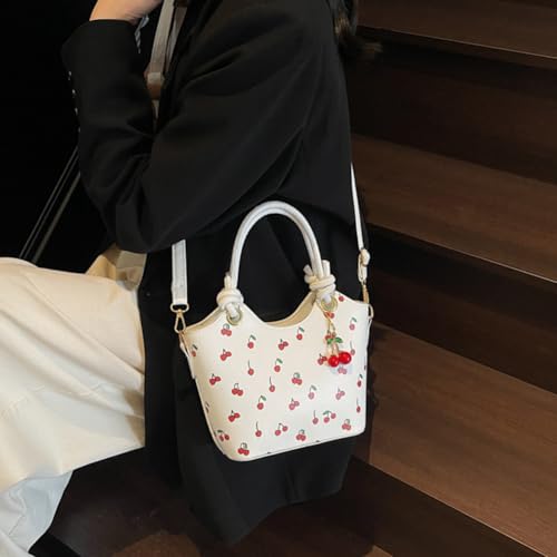 Cymwer Torba crossbody ze skóry PU z nadrukiem wiśni dla kobiet dziewcząt modna torba z górnym uchwytem stylowa mała torebka na ramię z regulowanym zdejmowanym paskiem, biały, 230.00x170.00x90.00mm