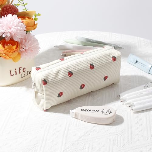 Gardsell Pencil Case Lightweight Aesthetic Pen Case Office College School Storage Bag Pouch Holder Box Organizer Makeup Pouch Cosmetic Bag for Girls Boys Kids (Flowers-Beige strawberry) by Gardsell - Image 2