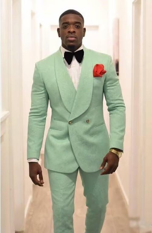 Elegant Double Breasted Suit Men Slim Fit 2 Piece Prom Tuxedo Shawl Lapel Blazer Pant Set JXZ0292