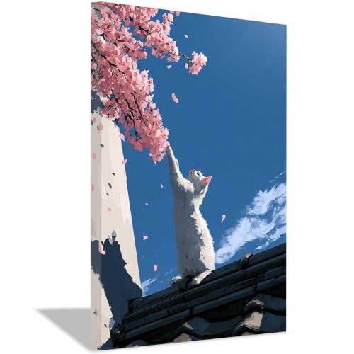 Peinture sur toile d’animaux haut de gamme PUQAAEO Sakuras Roof Cats 20x30cm encadrée