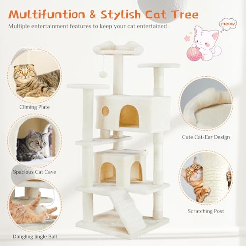 Image of Sweetcrispy 54 Inch Cats Tree Tower, Multi-Level with Scratching Post, Indoor Cat Tree Condo with Climbing Ladder, Plush Toy, Play House for Kittens, Beige