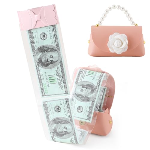 Vane Oak Money Pull Box for Cash, Surprise Money Boxes with Pearl Handle PU Leather Mini Rose Handbag with 30 Pcs Transparent Bags for Birthday Anniversaries Party Christmas