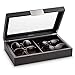 Glenor Co Sunglasses Organizer Case - 8 Slot Storage Holder to display Sunglass/Eye Glasses - Modern Box with Clear Glass Top and Metal Buckle for Men and Women - Carbon Fiber Leather Design - Black