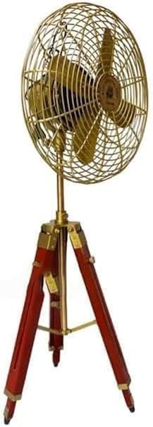Vintage Style Electric Pedestal Fan, Handmade Brass with Wooden Adjustable Tripod Stand, Antique Retro Design, Corded Power, Functional Home Decor Collectible