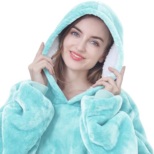 Kipswiza Oversized Wearable Blanket Hoodie Gifts for Mom Women Men, Super Soft Sherpa Fleece Hooded Blankets Sweatshirt for Adult Teens - Aqua
