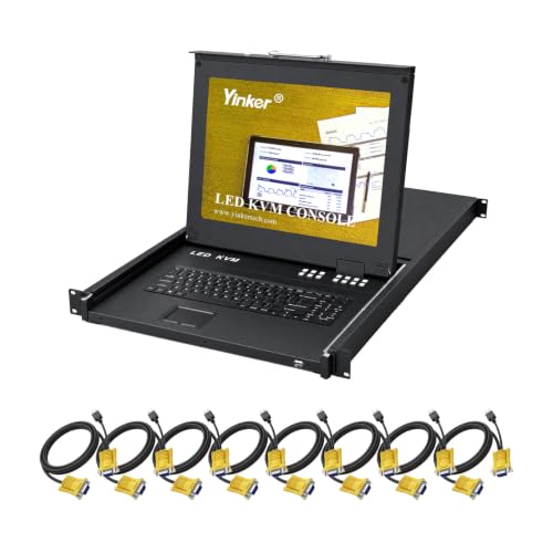 Image of Yinker LCD KVM Switch VGA, 17'' LCD Monitor Rack Mount KVM Console 8 Port for 1U 19'' Rack Cabinet, Support Hotkey + OSD Menu, Integrated with US Keyboard + Touchpad + KVM Cables