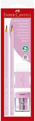Faber-Castell School Kit 2 Pencil Graphite Nº 2 Triangular + Sharpener + Rubber, Max Pastel Tones, SM/1205PASTELAPR, Pink