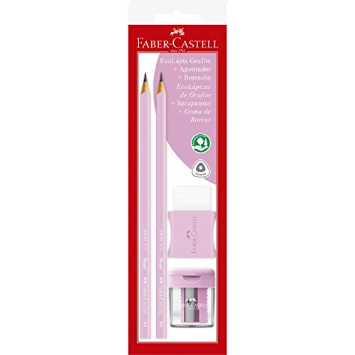 Faber-Castell School Kit 2 Pencil Graphite Nº 2 Triangular + Sharpener + Rubber, Max Pastel Tones, Sm/1205Pastelapr, Pink #TOP2
