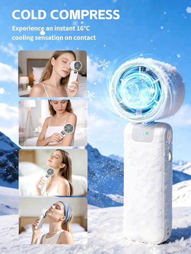 Image of Portable Handheld Fan with Ice Cooler, 199 Speed Personal Fan,Foldable 3 in 1 Rechargeable Battery Operated Essentials Hand Fans Summer Essential for Travel /Outdoor /Office.(WHITE)
