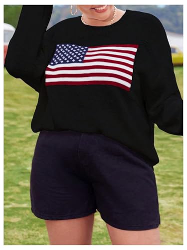 Image of MakeMeChic Women's Plus Size American Flag Sweater Long Sleeve Crew Neck Knitted Fall Sweaters Black X-Large Plus