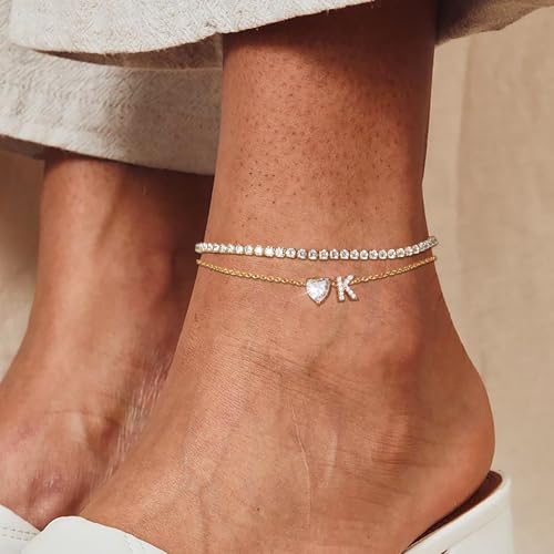 Image of Gold Initial Ankle Bracelets for Women Waterproof 14K Gold Filled Layered Anklets for Women Non Tarnish Women's Anklets Adjustable Large Ankle Summer Beach Foot Jewelry
