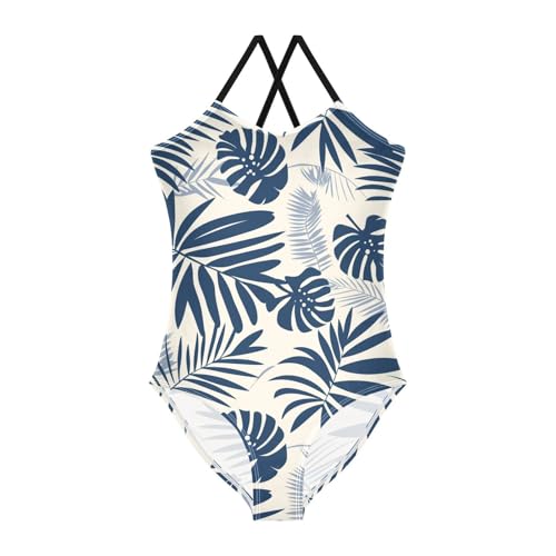 KLL Blue and White Girls 1 Piece Bathing Suit Summer Swimwear Adjustable Shoulder Strap Quick-Dry