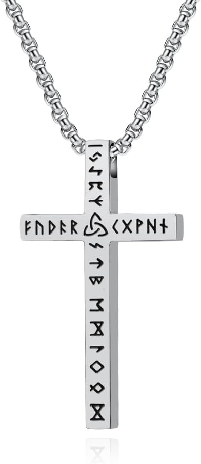 Men Cross Necklace,Stainless Steel Silver/Gold/Black Viking Runes Norse Pendant Necklace Faithful Jewelry，60cm Rolo Chain