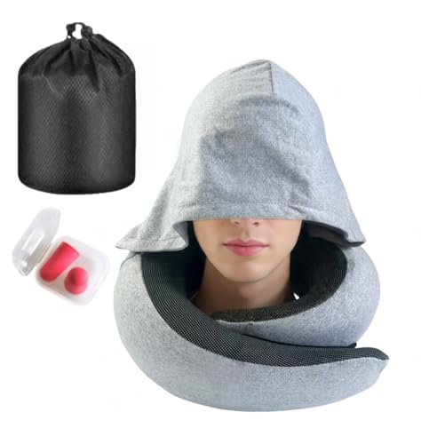 Image of Travel Neck Pillow with Extra Large Hood Rollable Airplane Hooded Neck Pillow with Memory Foam Filling and Removable, Skin-Friendly Cover with a Carrying Pouch (Cationic)