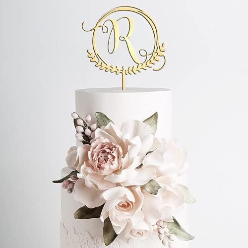 UTF4C Initials R Wedding Cake Topper Letter Monogram Wreath Mirror Gold Acrylic Cake Decor Rustic Gift Bridal Party Supplies Engagement Anniversary Cake Decorations Favors