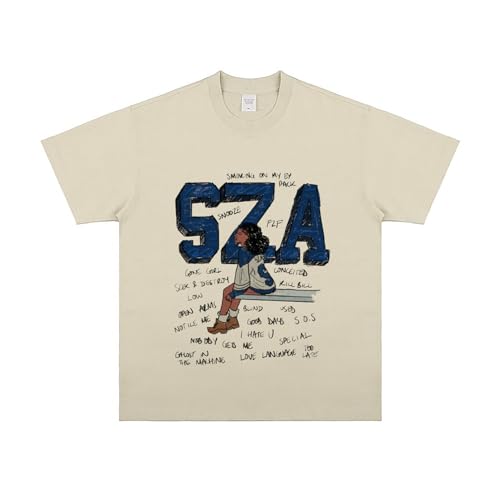 Photo de AZPZM SZA Line Painting T-Shirt imprimé T-Shirt en Coton à Manches Courtes SOS Loose Street Hommes et Femmes été. (Khaki,Grand)