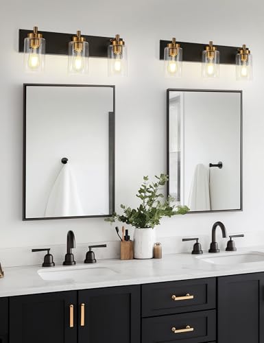 Image of DORESshop 3-Light Black and Gold Bathroom Light Fixtures with Straight Glass Shades, Bathroom Lighting Fixtures Over Mirrors, Modern Wall Sconce Lighting Vanity Light for Bathroom Living Room