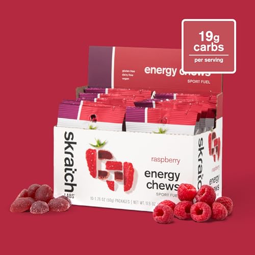 Image of Skratch Labs Energy Chews | Gummies for Running, Cycling & Endurance Quick Carbs for Athletes, Easy to Digest, Real Fruit | Gel Alternative for Runs & Rides | Raspberry 10 Pack | Gluten Free, Vegan