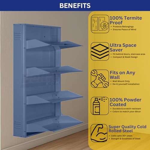 Image of DELITE KOM 29 Inch Wide, 4 Shelf Metal Shoe Rack Wall Mounted for Home with Central Lock Holds Upto 14 Shoes or 24 Slippers Pair | 1 Year Warranty | (54 x 29 x 5, Graphite Grey) DIY Space Saving