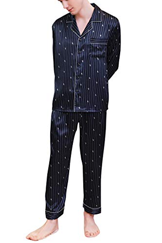 YAOMEI Homme Pyjamas de Couple Satin Soie, 2019 Hommes Longue Ensemble de Pyjama Vêtement de Nuit Printemps été, des Couples Chemise boutonnée boutonnée avec Poche (2XL, Bleu) Cover