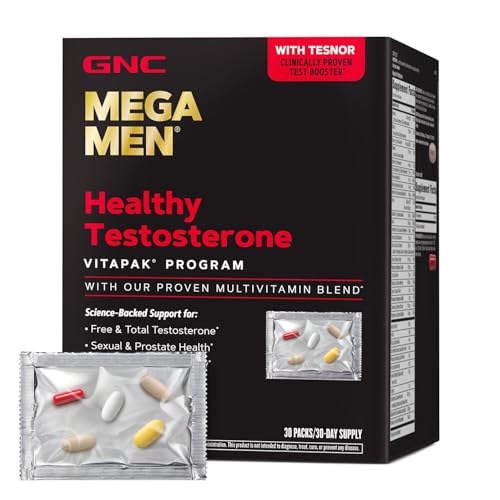 GNC Mega Men Healthy Testosterone Program, Complete Nutrition 4 Products in 1, Boost Free and Total Testosterone, Blood Flow, 30 Daily Packs