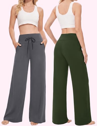 Image of Showitty 1 /3 Pack Women's Wide Leg Pants with Pockets, Casual Loose Pajama Palazzo Trousers Sweatpants for Yoga Lounge