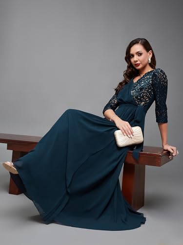 Image of Miss Chase Women's V-Neck Full Sleeve Self Design Lace-Overlaid Georgette Maxi Dress