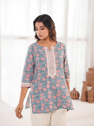 Image of Pure Cotton Printed Short Kurti for Women | Traditional Block Print Kurta Top | Casual & Workwear Ethnic Fashion