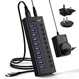 Lemorele 10-Port 24W USB3.0 Powered USB Hub with Individual LED On/Off Switches, USB Splitter Support 5Gbps Data Transfer & 5V 0.9A Charge for Phone, Power Bank, TWS etc.